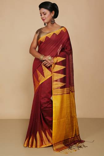 Women's Temple Boarder Silk Cotton Sarees (Maroon)