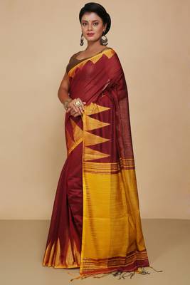Women's Temple Boarder Silk Cotton Sarees (Maroon) 2