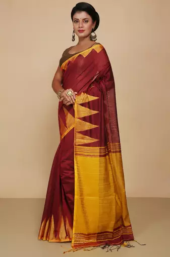 Women's Temple Boarder Silk Cotton Sarees (Maroon)
