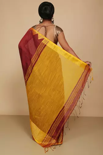 Women's Temple Boarder Silk Cotton Sarees (Maroon)