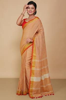 Lilen handloom jari check pallu saree (Beige) 1