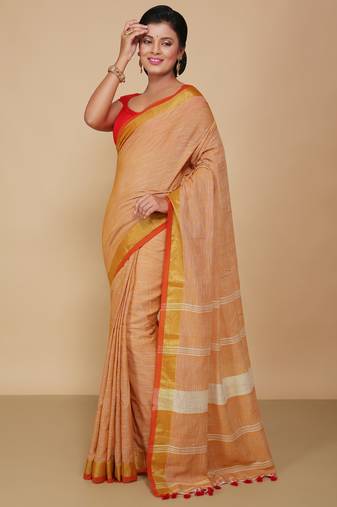 Lilen handloom jari check pallu saree (Beige)