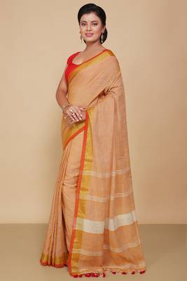 Lilen handloom jari check pallu saree (Beige) 2