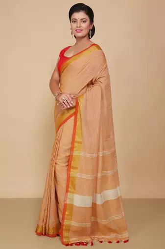 Lilen handloom jari check pallu saree (Beige)