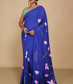 Women's Handloom Cotton Lotus Flower Print Saree  (Blue)