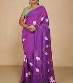 Women's Handloom Cotton Lotus Flower Print Saree  (Megenda)