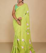Women's Handloom Cotton Lotus Flower Print Saree  (Green)