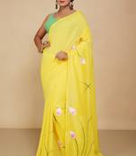 Women's Handloom Cotton Lotus Flower Print Saree  (Yellow)