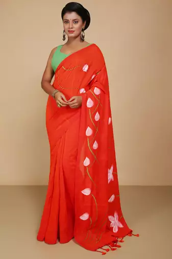 Women's Handloom Cotton Lotus Flower Print Saree  (Orange)