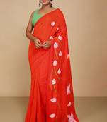 Women's Handloom Cotton Lotus Flower Print Saree  (Orange)
