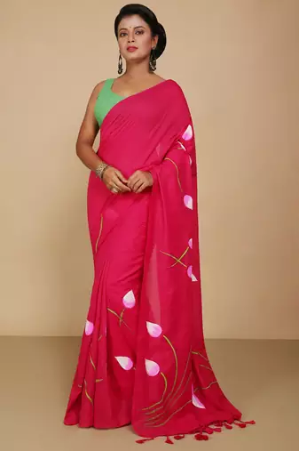 Women's Handloom Cotton Lotus Flower Print Saree  (Red)