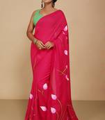 Women's Handloom Cotton Lotus Flower Print Saree  (Red)