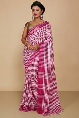 Women's Handloom Cotton Saree With Blouse Piece (White Megenda) 1