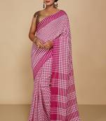 Women's Handloom Cotton Saree With Blouse Piece (White Megenda)