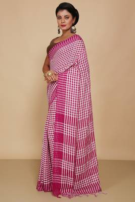 Women's Handloom Cotton Saree With Blouse Piece (White Megenda) 2