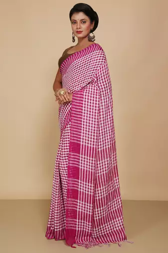 Women's Handloom Cotton Saree With Blouse Piece (White Megenda)