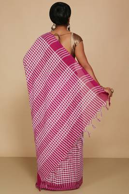 Women's Handloom Cotton Saree With Blouse Piece (White Megenda) 3