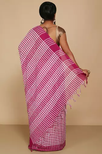 Women's Handloom Cotton Saree With Blouse Piece (White Megenda)