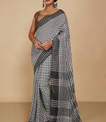 Women's Handloom Cotton Saree With Blouse Piece (White Black)
