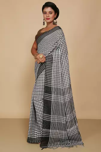 Women's Handloom Cotton Saree With Blouse Piece (White Black)