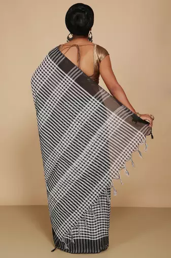 Women's Handloom Cotton Saree With Blouse Piece (White Black)