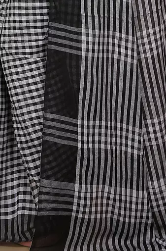 Women's Handloom Cotton Saree With Blouse Piece (White Black)