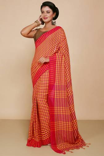 Women's Handloom Cotton Saree With Blouse Piece  (Magenda Yellow)
