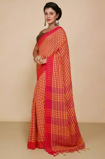 Women's Handloom Cotton Saree With Blouse Piece  (Magenda Yellow)