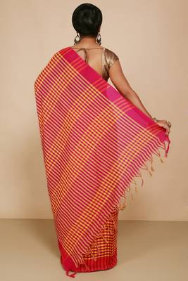 Women's Handloom Cotton Saree With Blouse Piece  (Magenda Yellow) 3