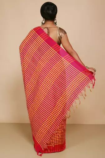 Women's Handloom Cotton Saree With Blouse Piece  (Magenda Yellow)