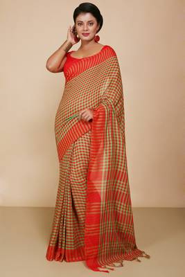Women's Handloom Cotton Saree With Blouse Piece  (Red Green) 1