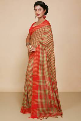 Women's Handloom Cotton Saree With Blouse Piece  (Red Green) 2