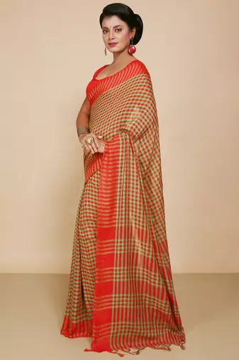Women's Handloom Cotton Saree With Blouse Piece  (Red Green)