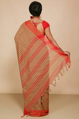 Women's Handloom Cotton Saree With Blouse Piece  (Red Green) 3