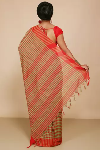 Women's Handloom Cotton Saree With Blouse Piece  (Red Green)
