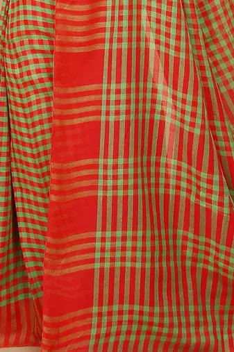 Women's Handloom Cotton Saree With Blouse Piece  (Red Green)
