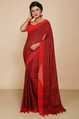Women's Handloom Cotton Saree With Blouse Piece  (Red Black) 1