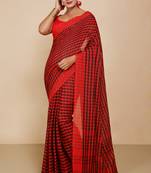 Women's Handloom Cotton Saree With Blouse Piece  (Red Black)