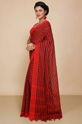 Women's Handloom Cotton Saree With Blouse Piece  (Red Black)