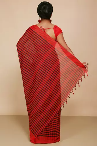 Women's Handloom Cotton Saree With Blouse Piece  (Red Black)