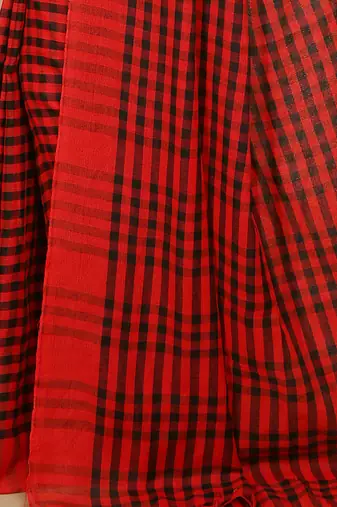 Women's Handloom Cotton Saree With Blouse Piece  (Red Black)