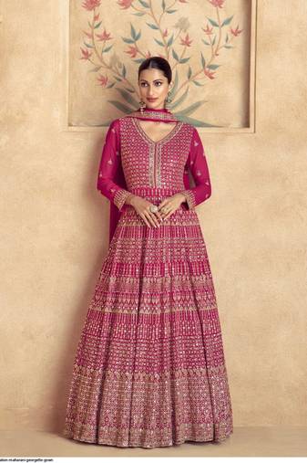 Pink georgette heavy embroidery semi stitched sequins work wedding gowns