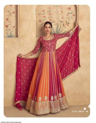Dark pink georgette heavy embroidery semi stitched sequins work wedding gowns 1