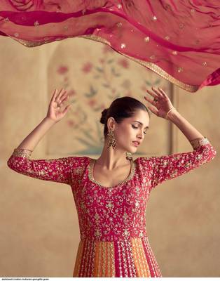 Dark pink georgette heavy embroidery semi stitched sequins work wedding gowns 2