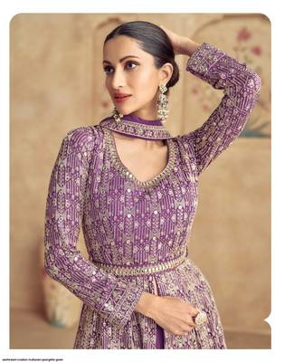 Light purple georgette heavy embroidery semi stitched sequins work wedding gowns 2