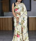 Cream  floral print satin saree with unstitshed blouse