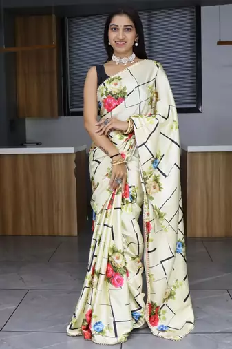 Cream  floral print satin saree with unstitshed blouse