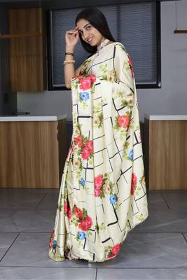 Cream  floral print satin saree with unstitshed blouse 3