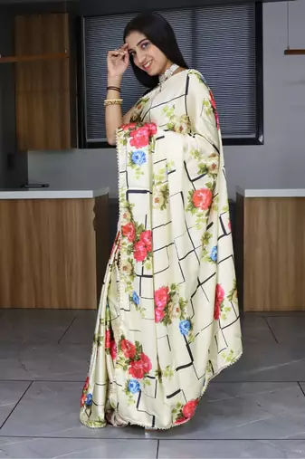 Cream  floral print satin saree with unstitshed blouse