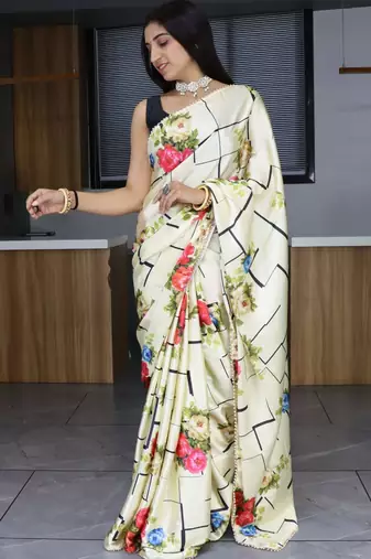 Cream  floral print satin saree with unstitshed blouse
